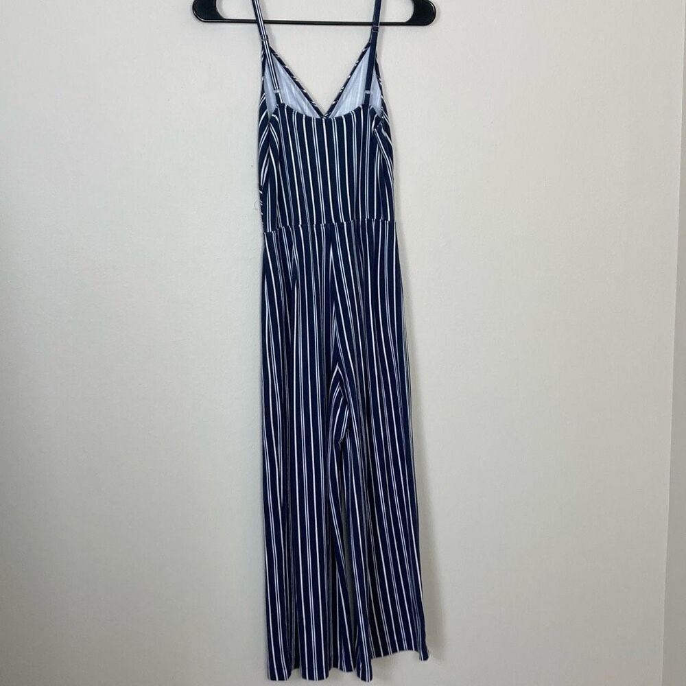 Navy Blue White Striped Cutout Front Knot Wide Leg Jumpsuit Womens Small - Picture 4 of 12